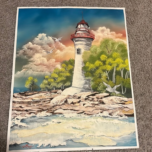 Other - Lamb Original Art Oil Painting on Canvas White Lighthouse w Waves Crashing